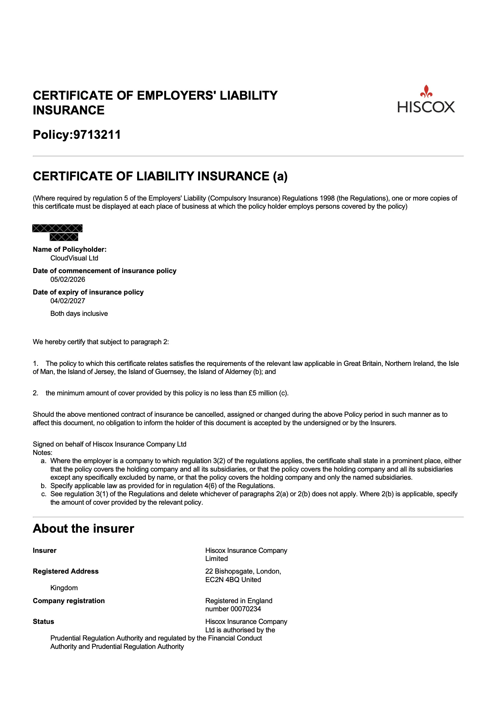 Employer's Liability Insurance Certificate