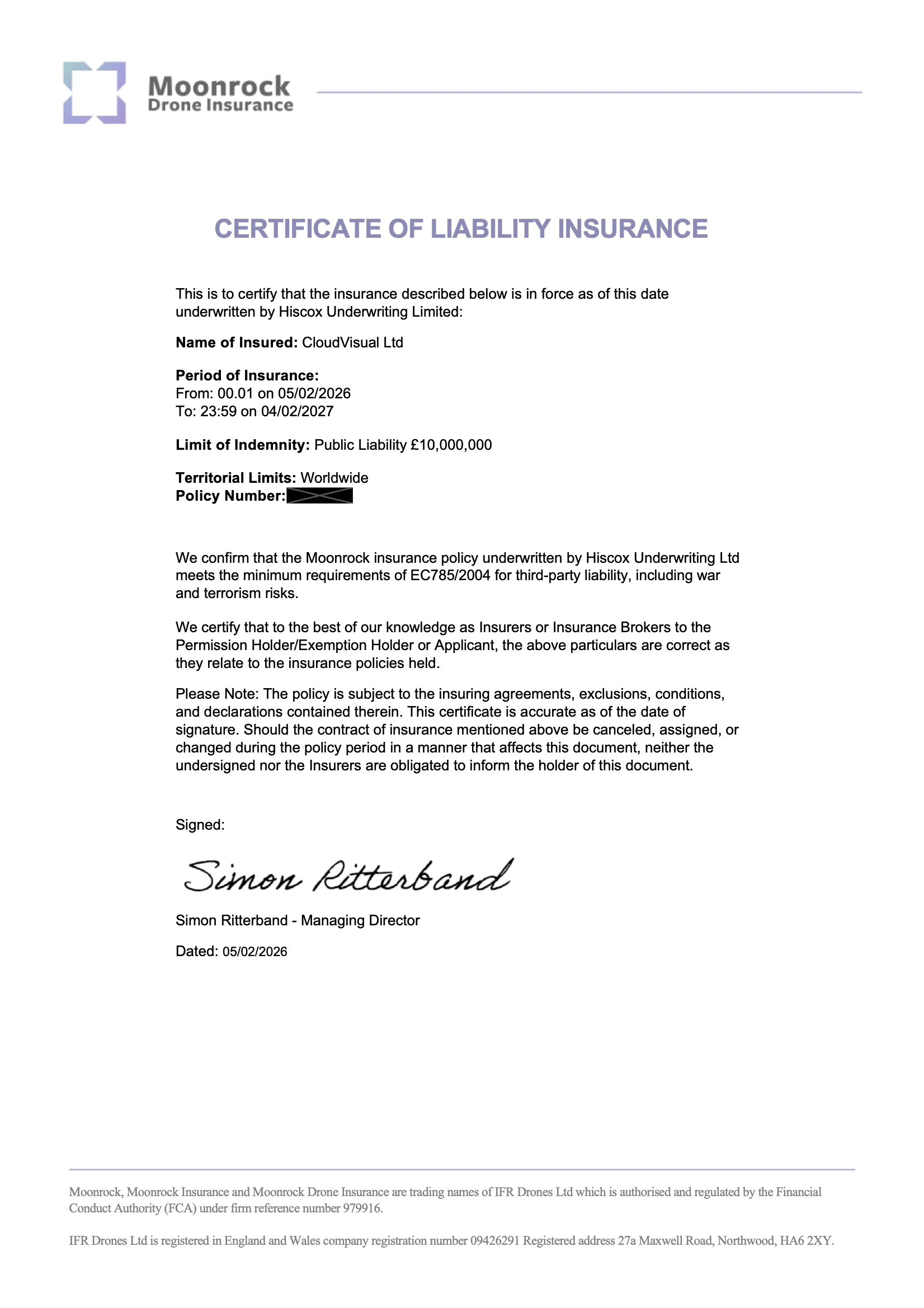 Public Liability Insurance Certificate