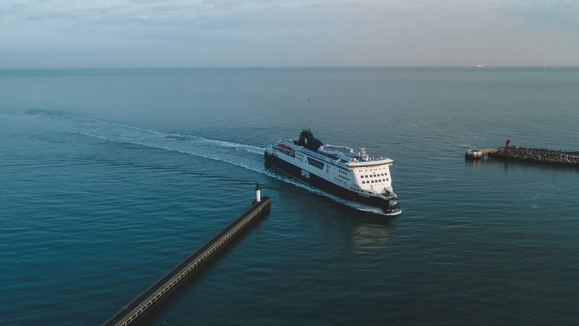 Aerial view of a ferry at sea