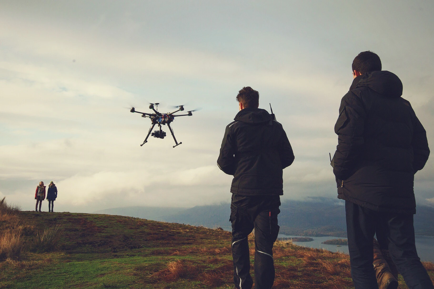 Drone capturing aerial shots on a film set