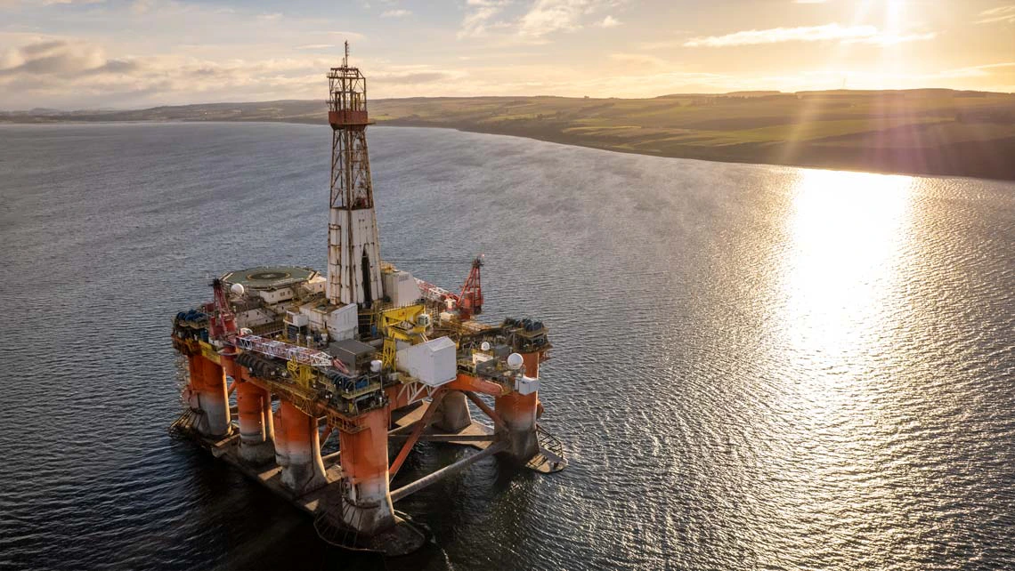 Aerial drone view of an offshore oil rig